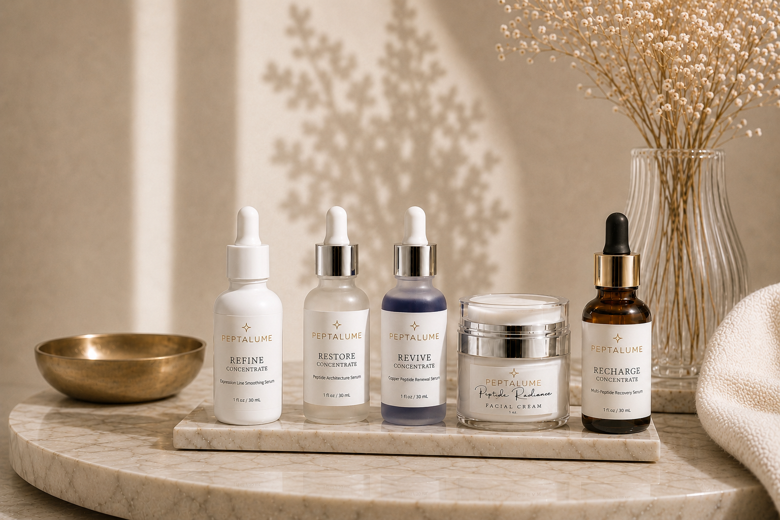 Peptalume Luxury Skincare Collection – Complete Peptide Line PEPTALUME luxury skincare collection featuring Refine Concentrate, Restore Concentrate, Revive Concentrate, Peptide Radiance Facial Cream, and Recharge Concentrate.